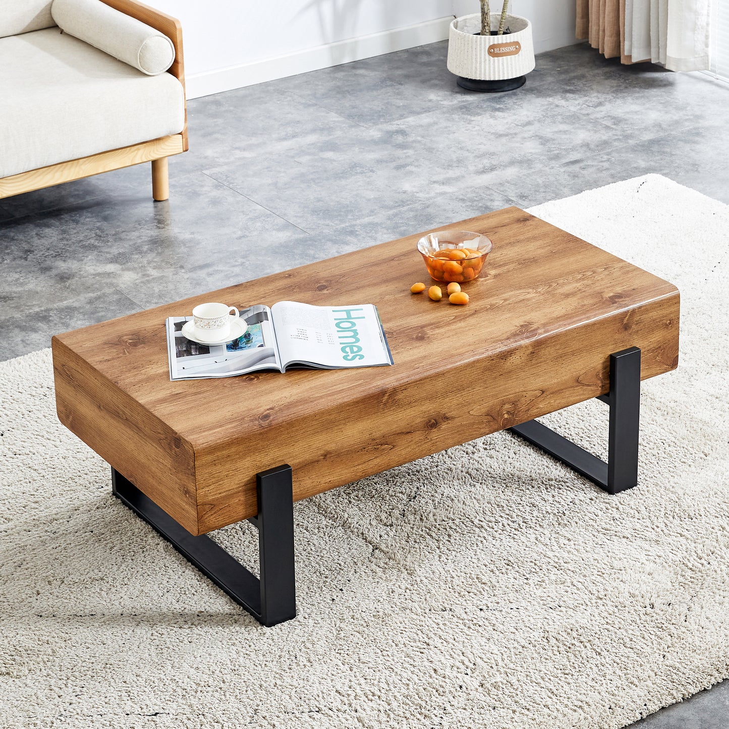 Rustic MDF Coffee Table with Metal Legs - Natural Wood Tone Elegance for Your Space