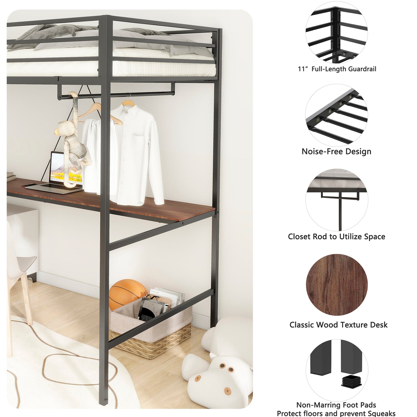 Twin Loft Bunk Black with Cinnamon Wood Desk and Closet Rod