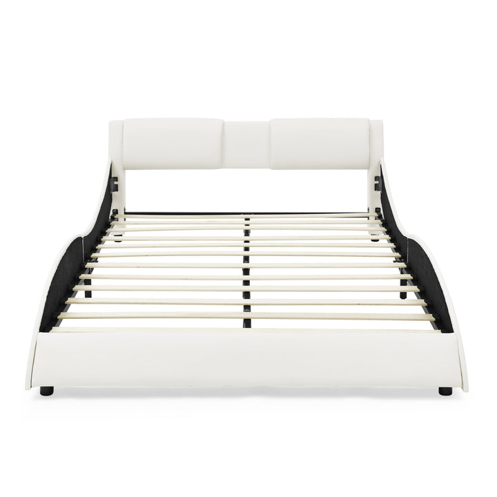 Queen Bed Frame Modern Faux Leather Upholstered Platform Bed Frame with and Headboard ,White