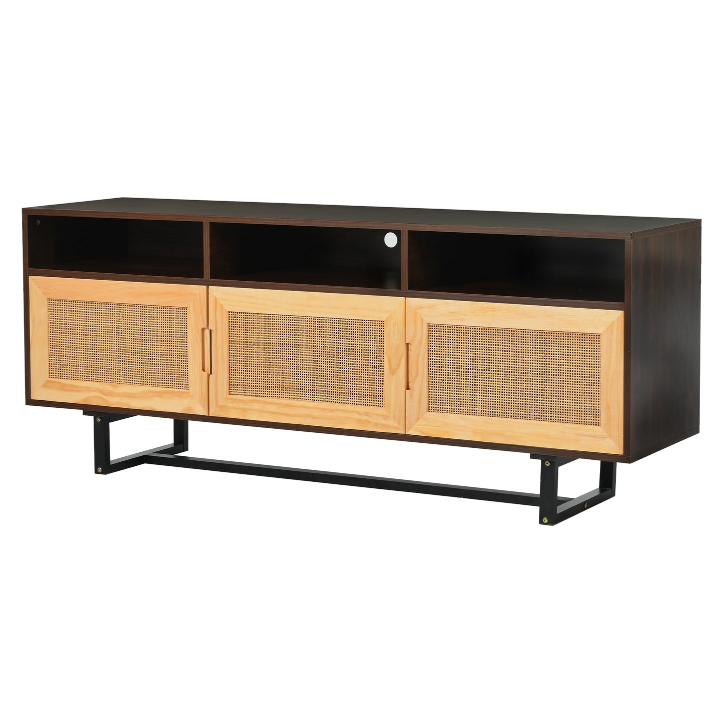 TREXM Retro Rattan TV Stand 3-door Media Console with Open Shelves for TV Stand under 75''(Walnut)