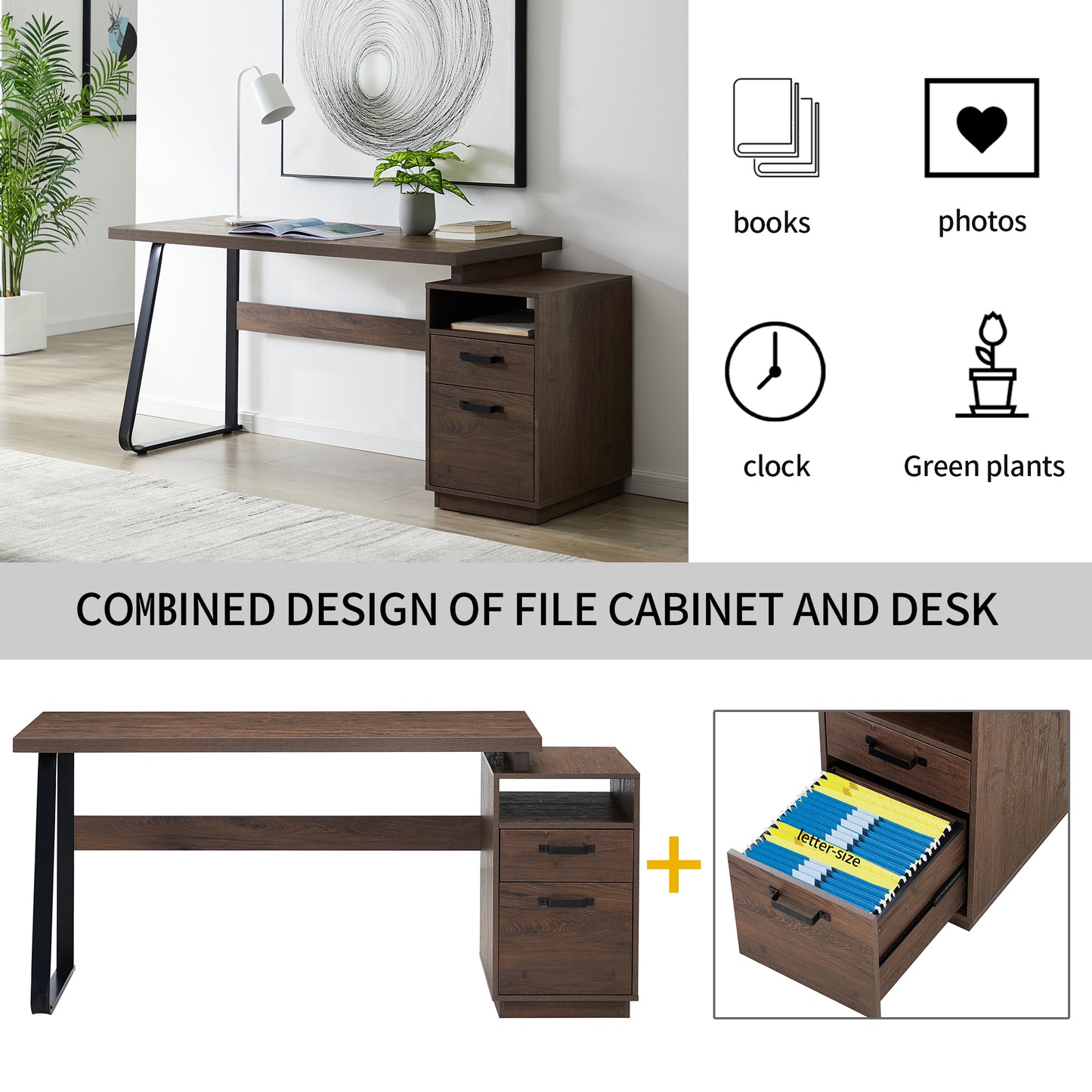 Home Office Computer Desk with Drawers/Hanging Letter-size Files, 65 inch