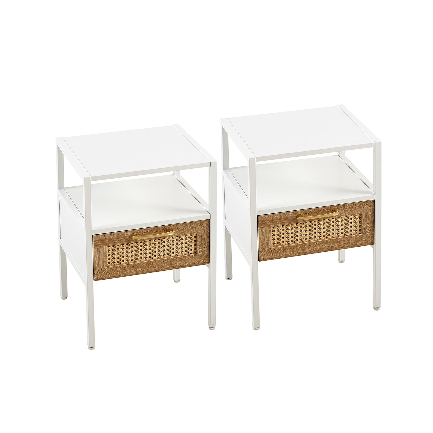 Set of 2, 15.75" Rattan End table with  drawer, Modern nightstand, metal legs,side table for living room, bedroom,white