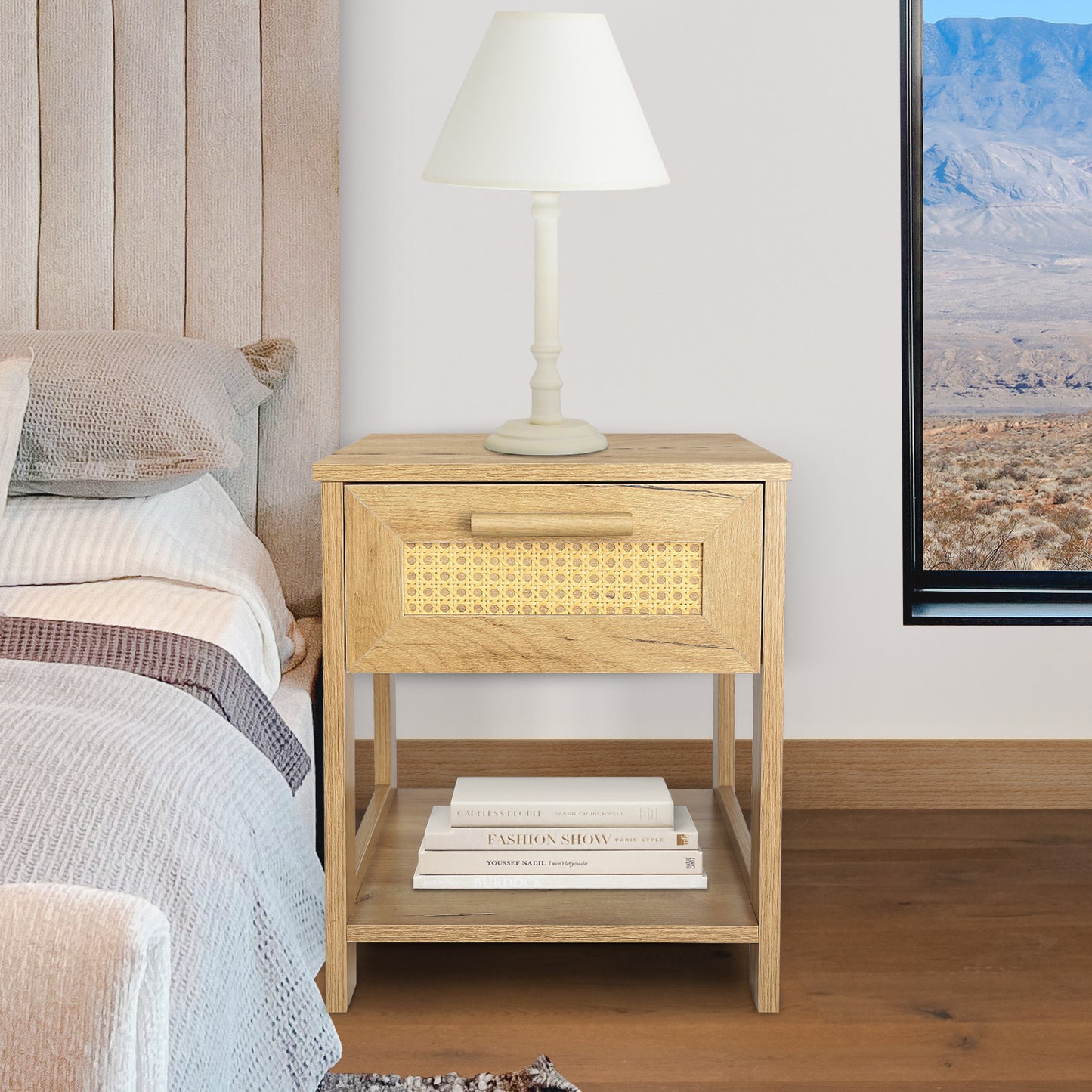 Nightstand Set of 2, 2 Drawer Dresser for Bedroom, Small Dresser with 2 Drawers and two open storage shelf  Natural Color