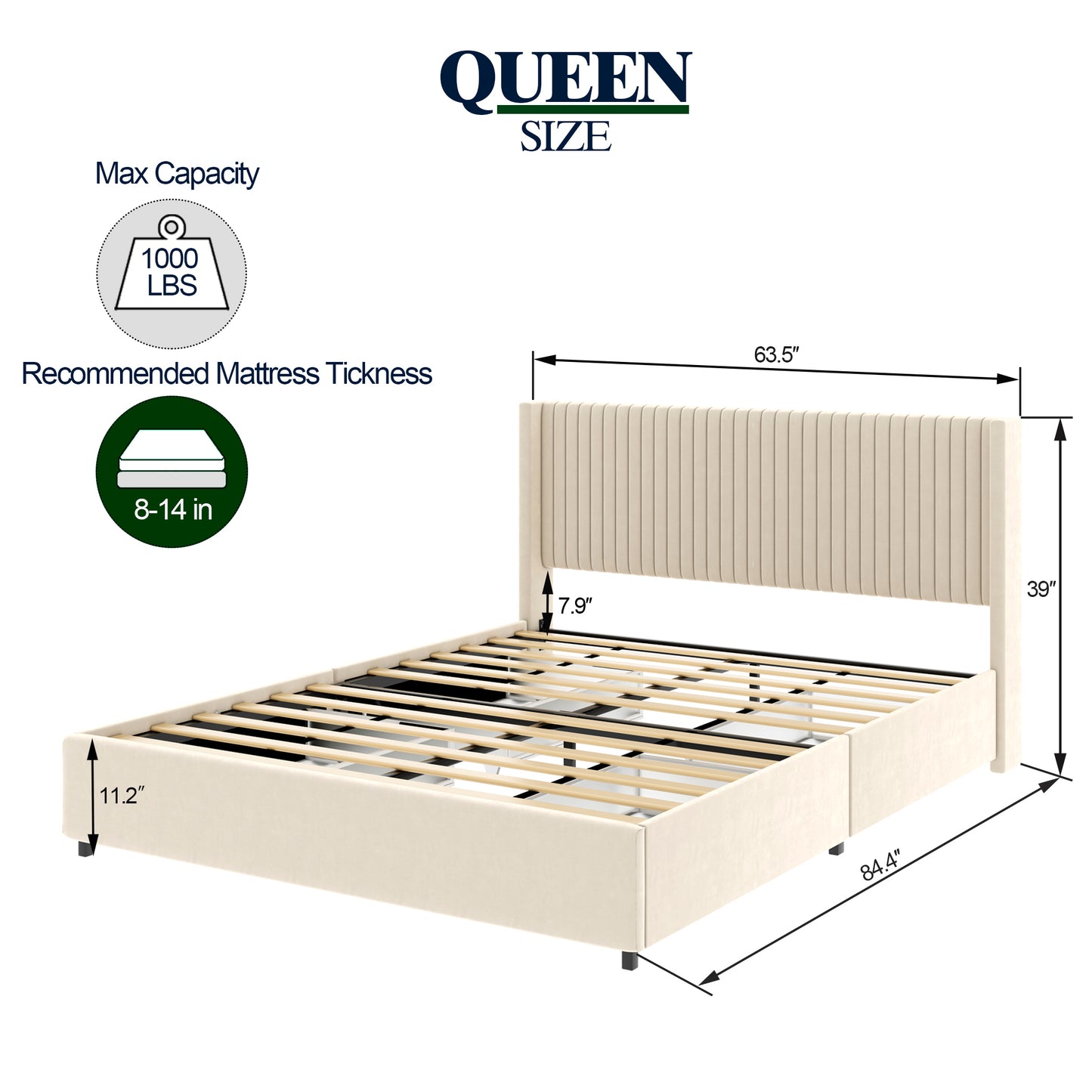 Same as B083119227 Anna Queen Size Ivory Velvet Upholstered Wingback Platform Bed with Patented 4 Drawers Storage, Modern Design Headboard with Tight Channel, Wooden Slat Mattress Support