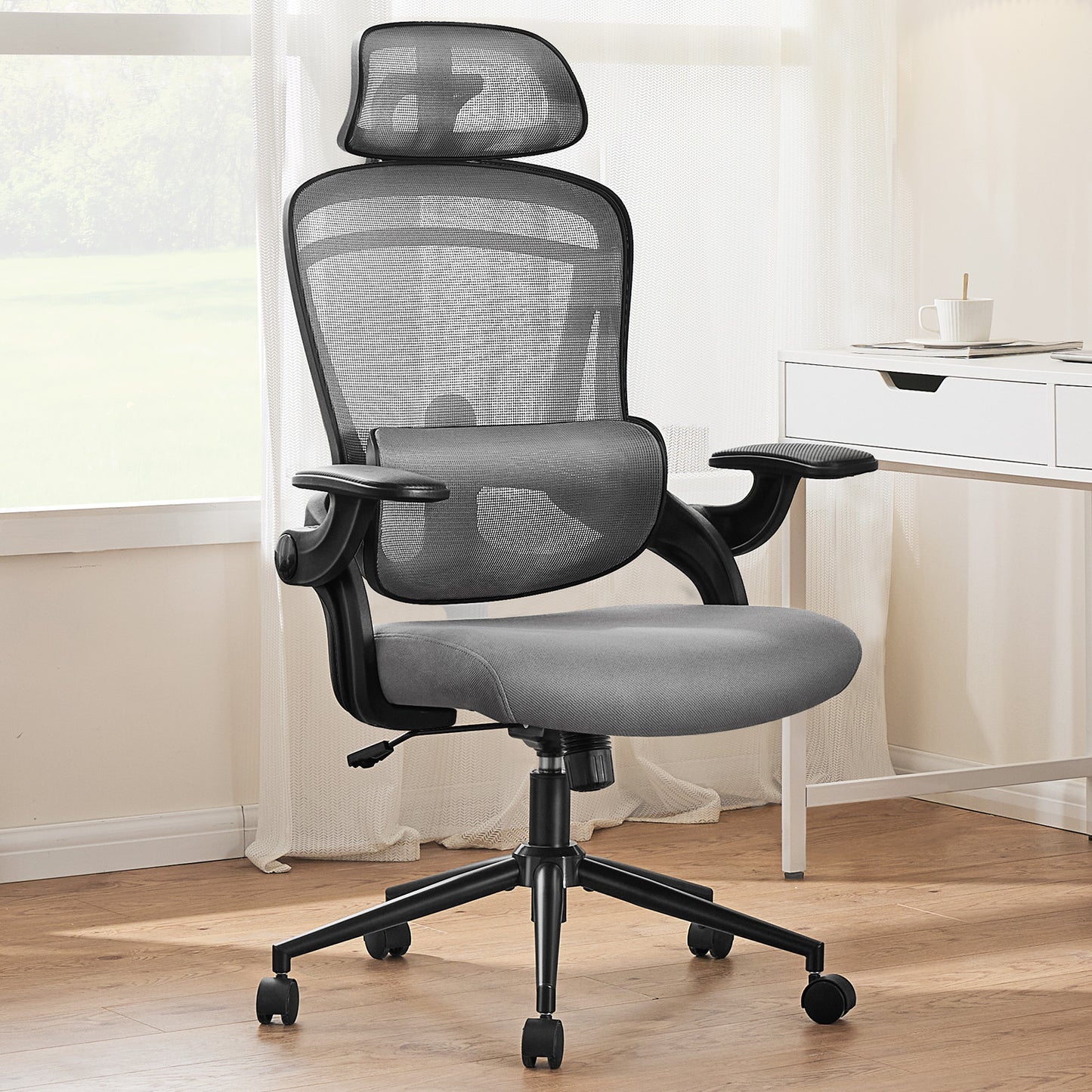 High Back Desk Chair with Adjustable Lumbar Support & Headrest, Adjustable Height and 120°Tilt,gray