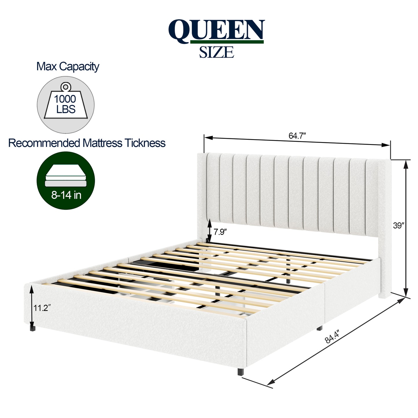 2-Drawers Storage Bed Queen Size Ivory Boucle Upholstered Platform Bed, No Box Spring Needed