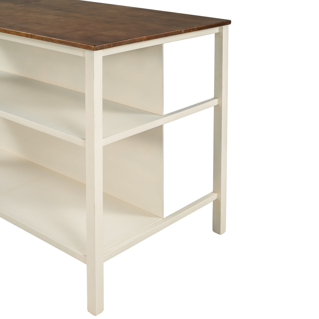 Solid Wood Rustic 3-piece 45" Stationary Kitchen Island Set with 2 Seatings, Rubber Wood