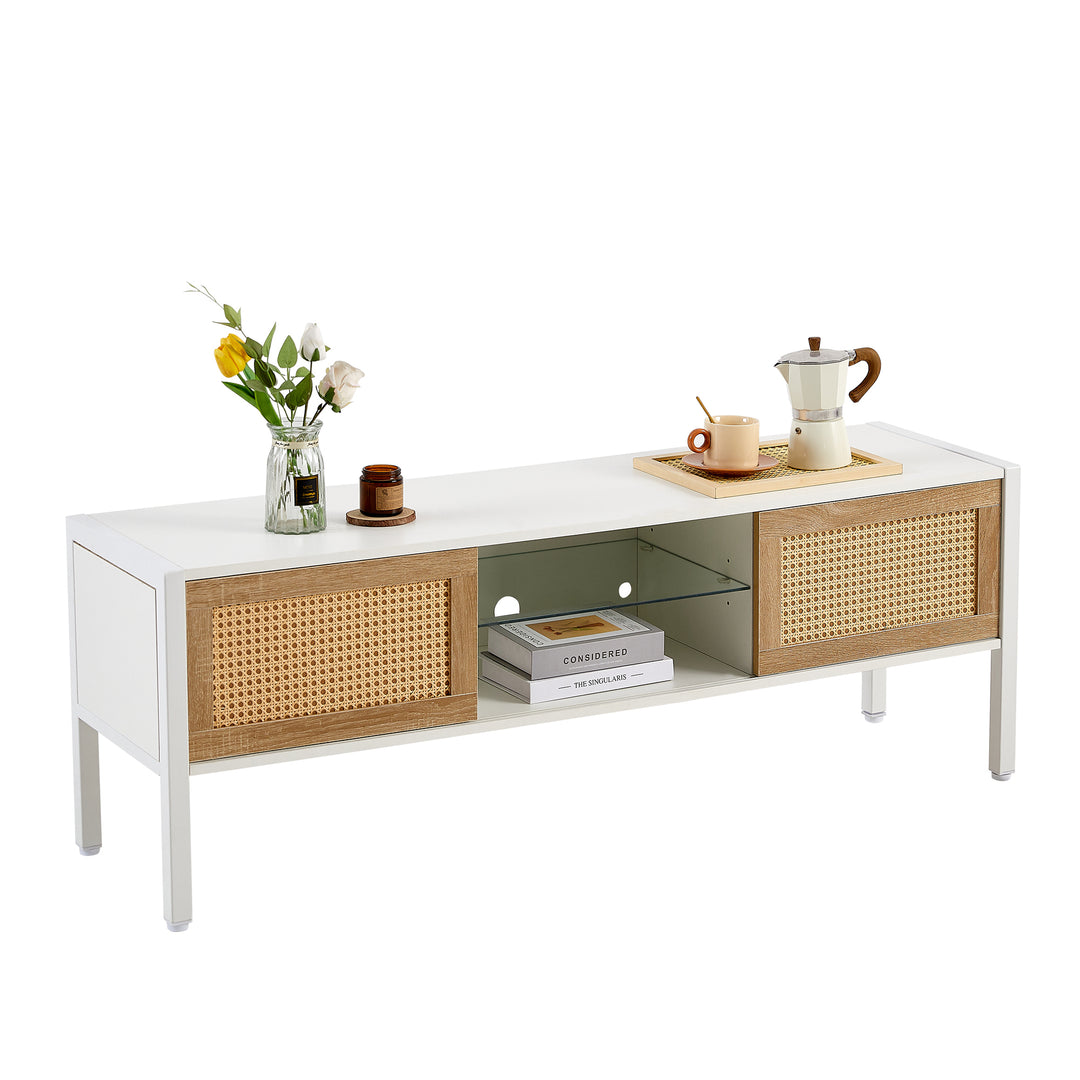 54.33" Rattan TV cabinet with variable color light strip, double sliding doors for storage