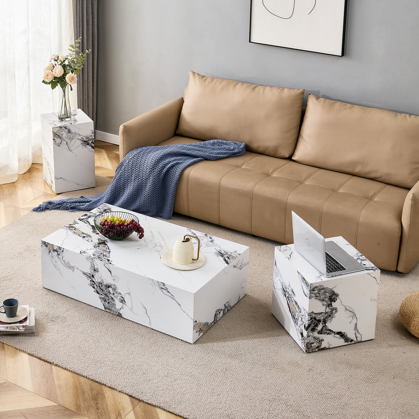 Modern MDF Coffee Table with Marble Pattern - 39.37x23.62x11.81 inches