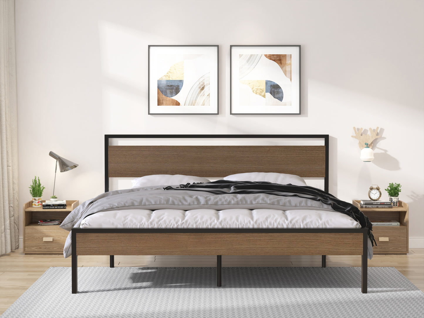 Metal Bed, Black with Cinnamon Wood Headboard&Footboard, King