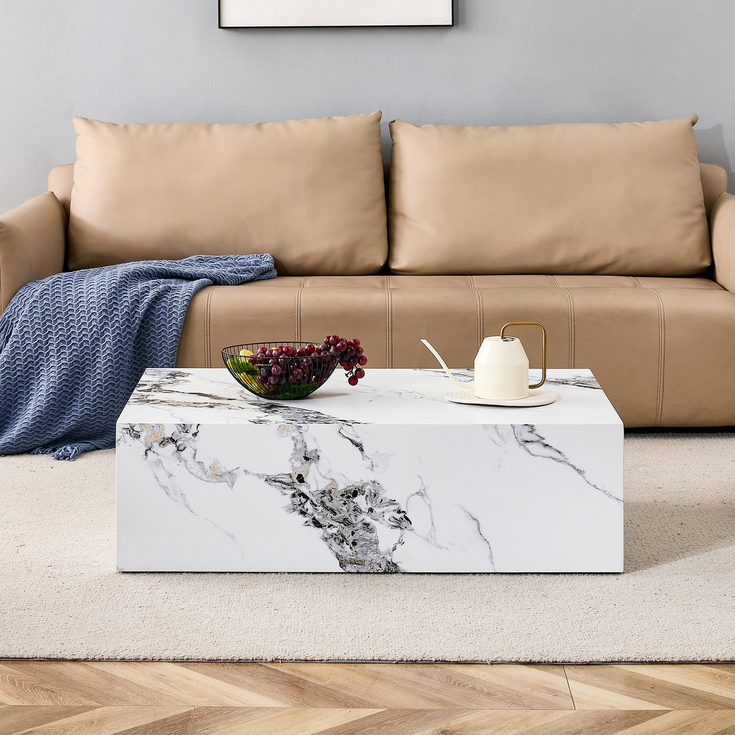 Modern MDF Coffee Table with Marble Pattern - 39.37x23.62x11.81 inches