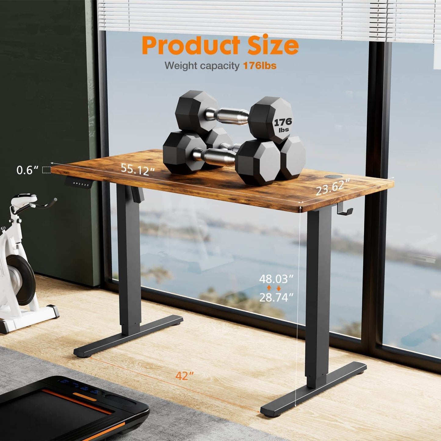 Electric Height Adjustable Standing Desk,Brown,55'' x 24"