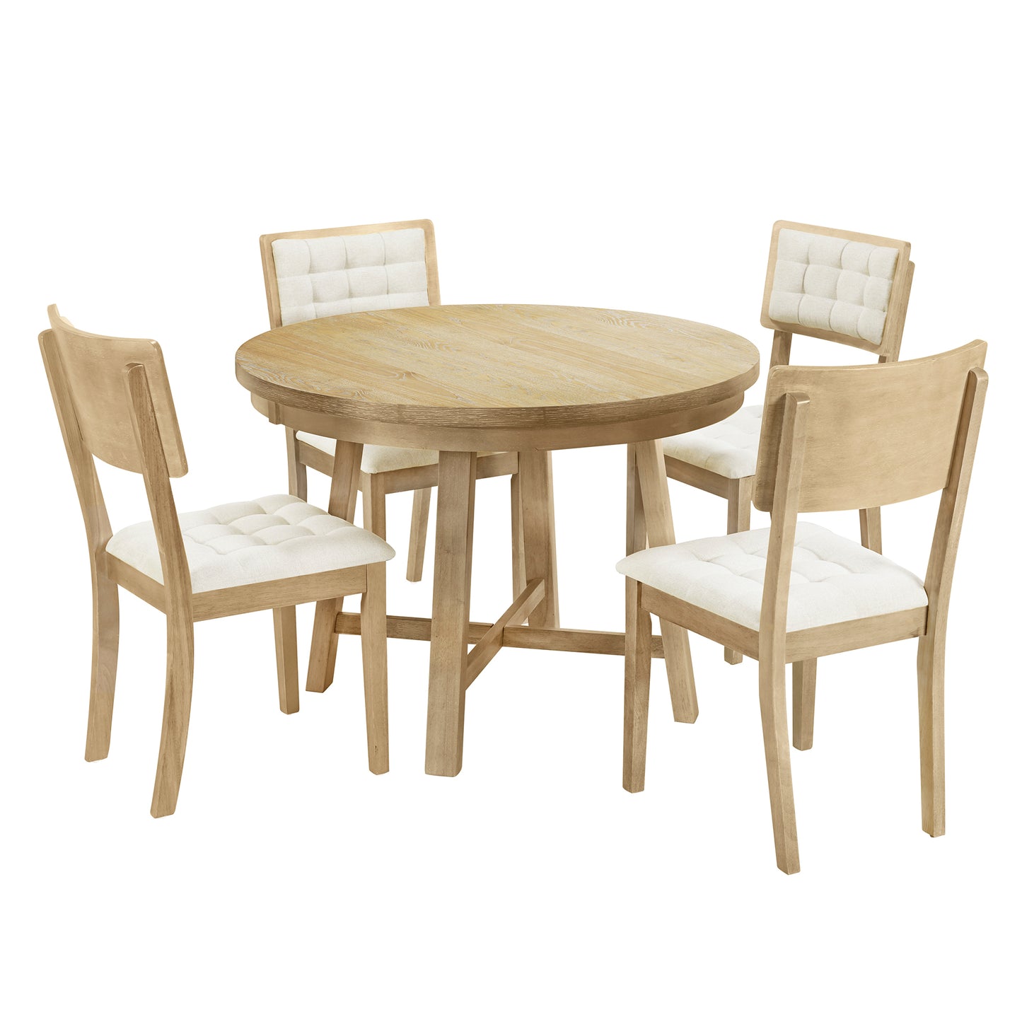 Rustic 42inch Round Dining Table Set with Cross Legs and Upholstered Dining Chairs for Small Places, Natural