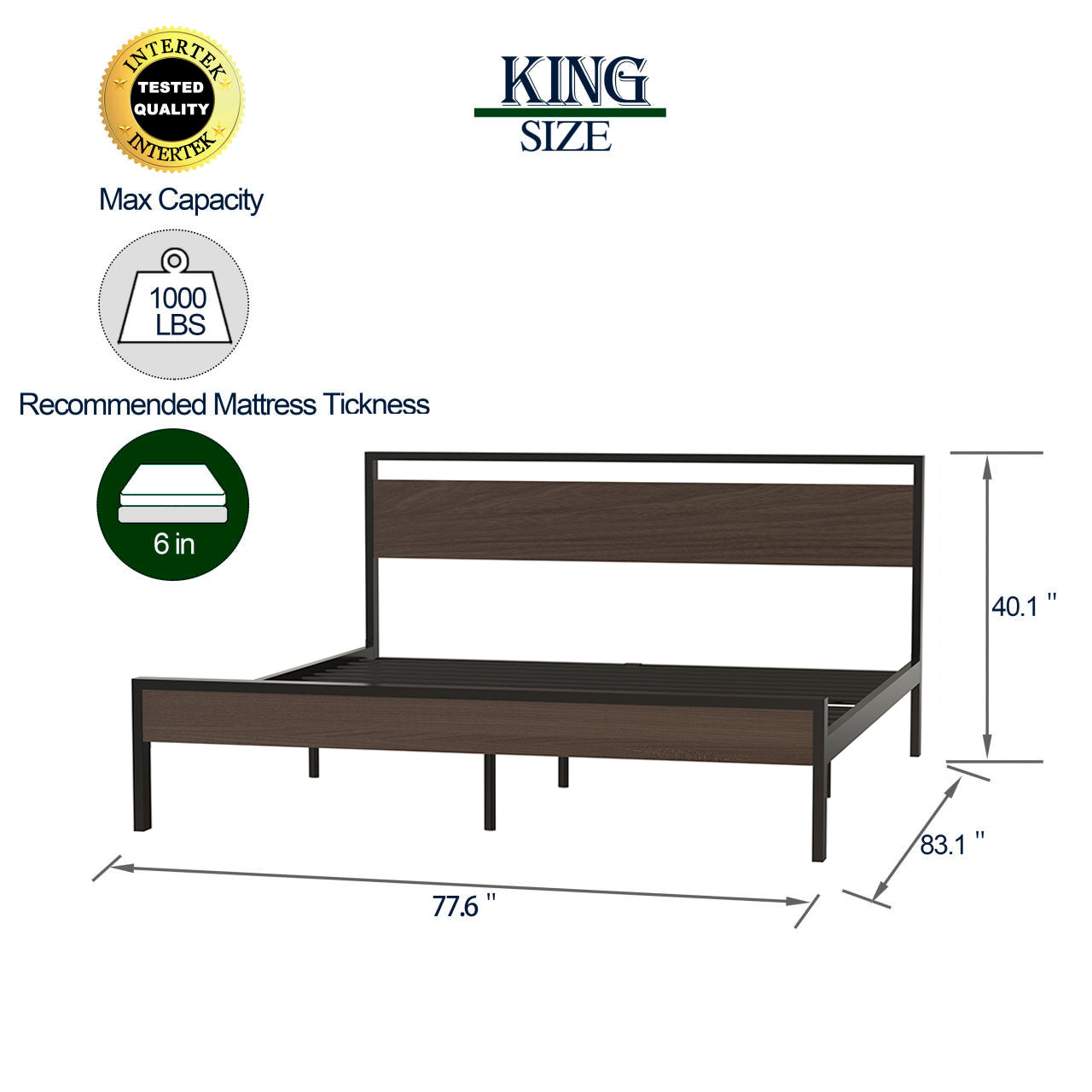 Metal Bed, Black with Walnut wood Headboard&Footboard, King