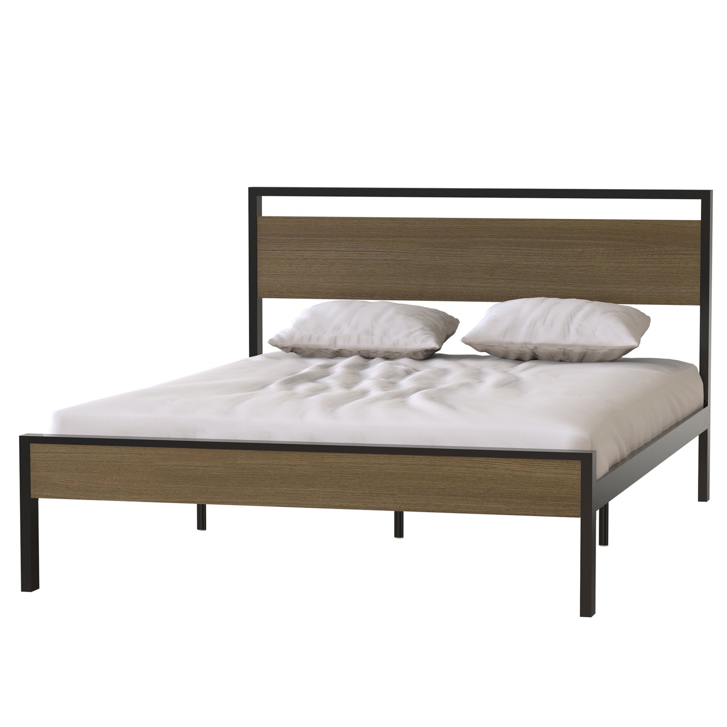 Metal Bed, Black with Cinnamon Wood Headboard & Footboard, Queen