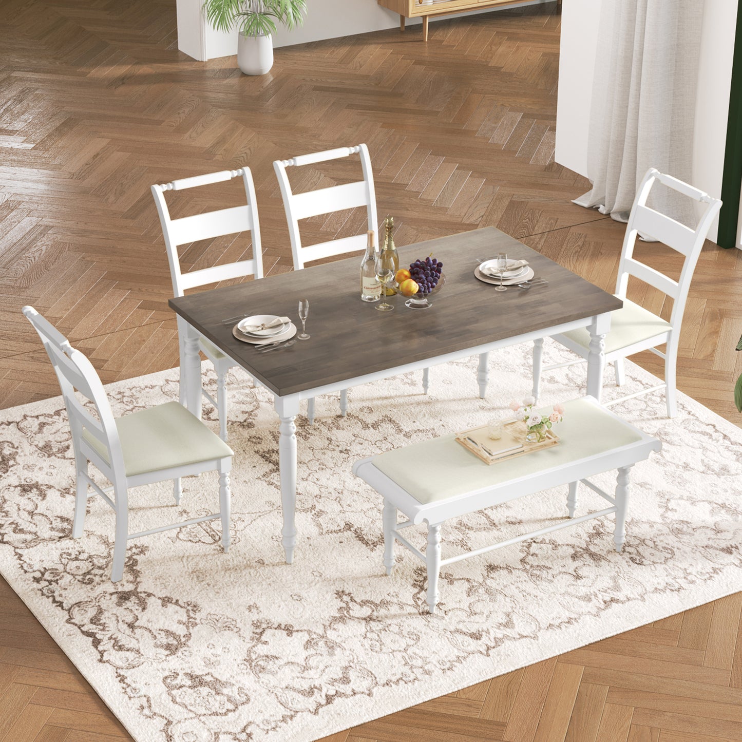 6-peice Dining Set with Turned Legs, Kitchen Table Set with Upholstered Dining Chairs and Bench,Retro Style, White