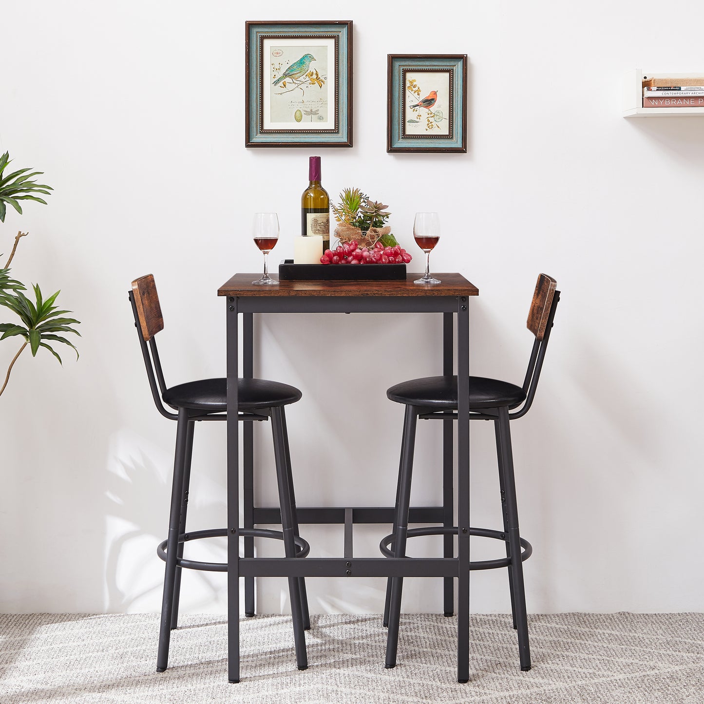 Bar Table Set with 2 Bar stools PU Soft seat with backrest, Rustic Brown