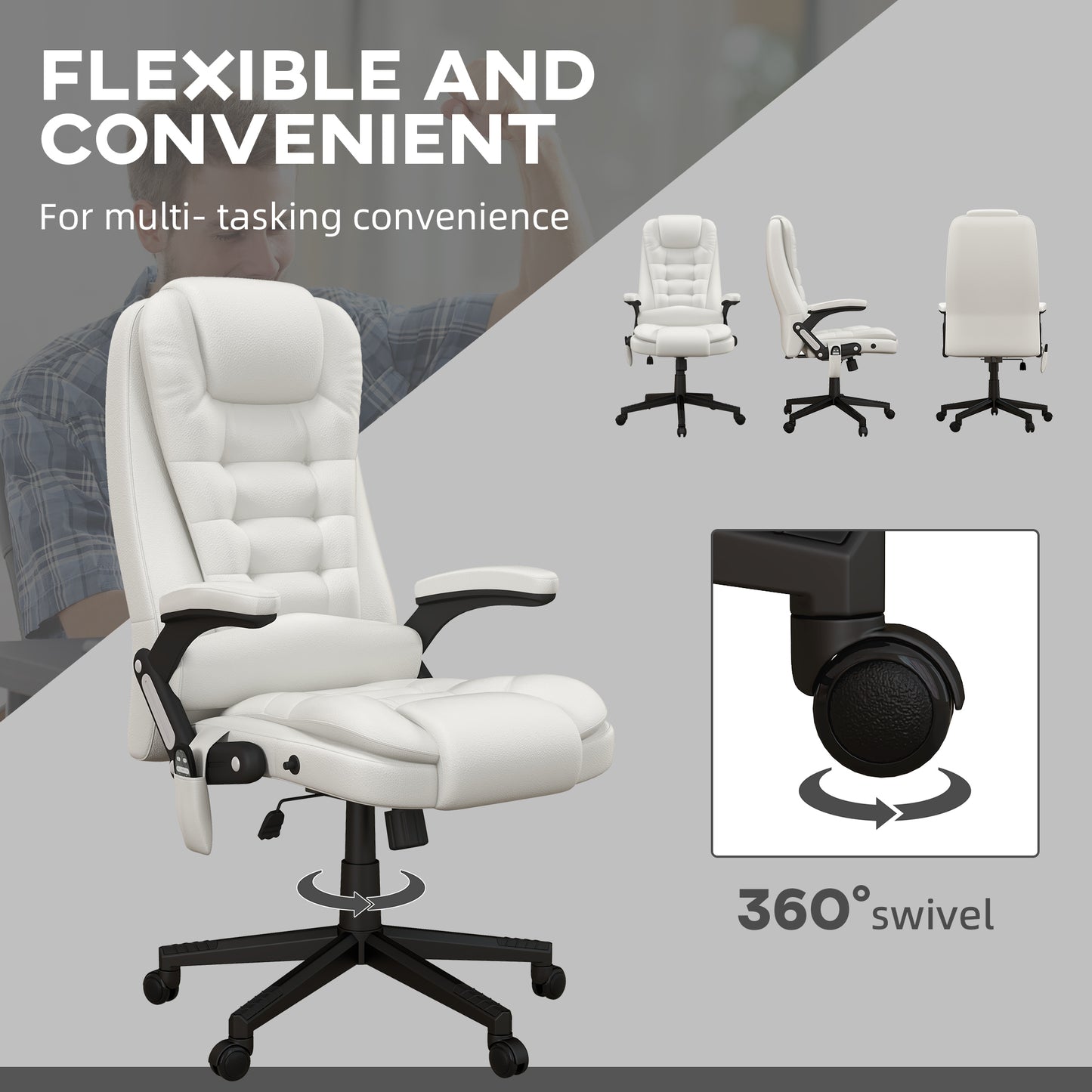 High Back Vibration Massage Office Chair with 6 Vibration Points, Heated Reclining PU Leather Computer Chair with Armrest and Remote, White