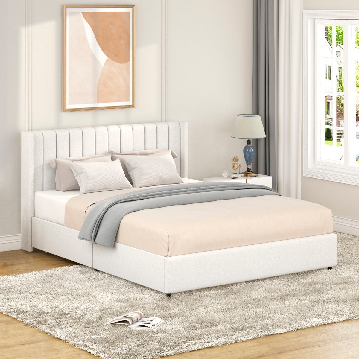 2-Drawers Storage Bed Queen Size Ivory Boucle Upholstered Platform Bed, No Box Spring Needed