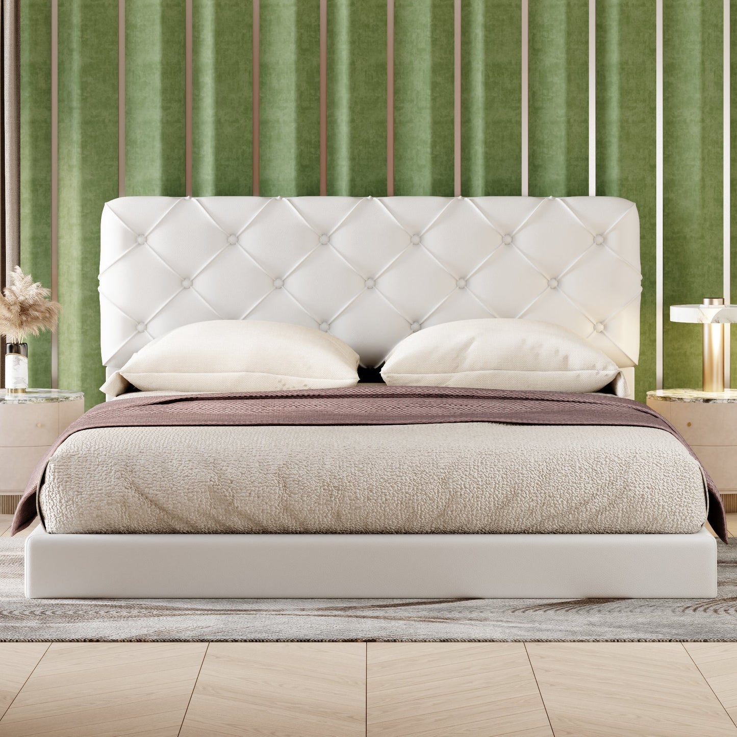 Queen Size Tufted Upholstered Platform Bed, White