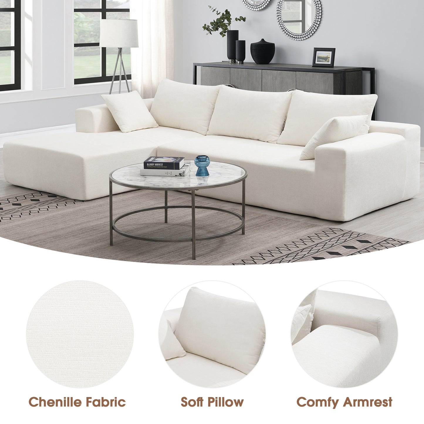 109*68" Sectional Living Room Sofa Set, L-Shape, Cream