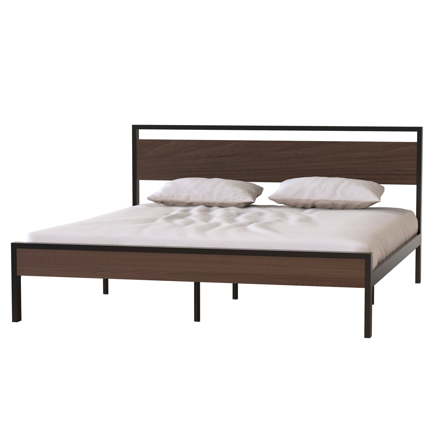 Metal Bed, Black with Walnut wood Headboard&Footboard, King