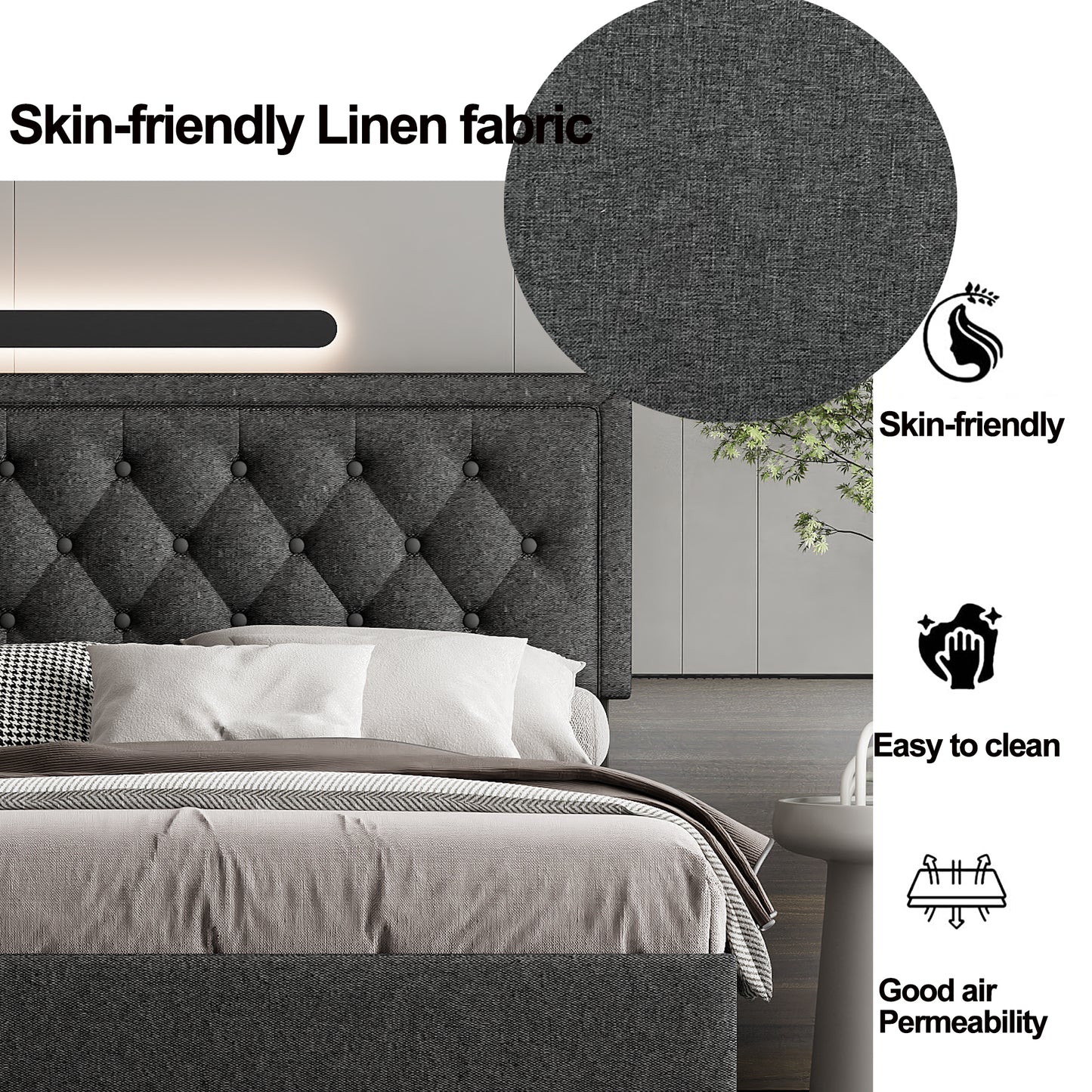 Full size Panel Bed Frame with Adjustable Button-Tufted Headboard for Bedroom/Linen Upholstered/Wood Slat Support/Easy Assembly,Dark Grey