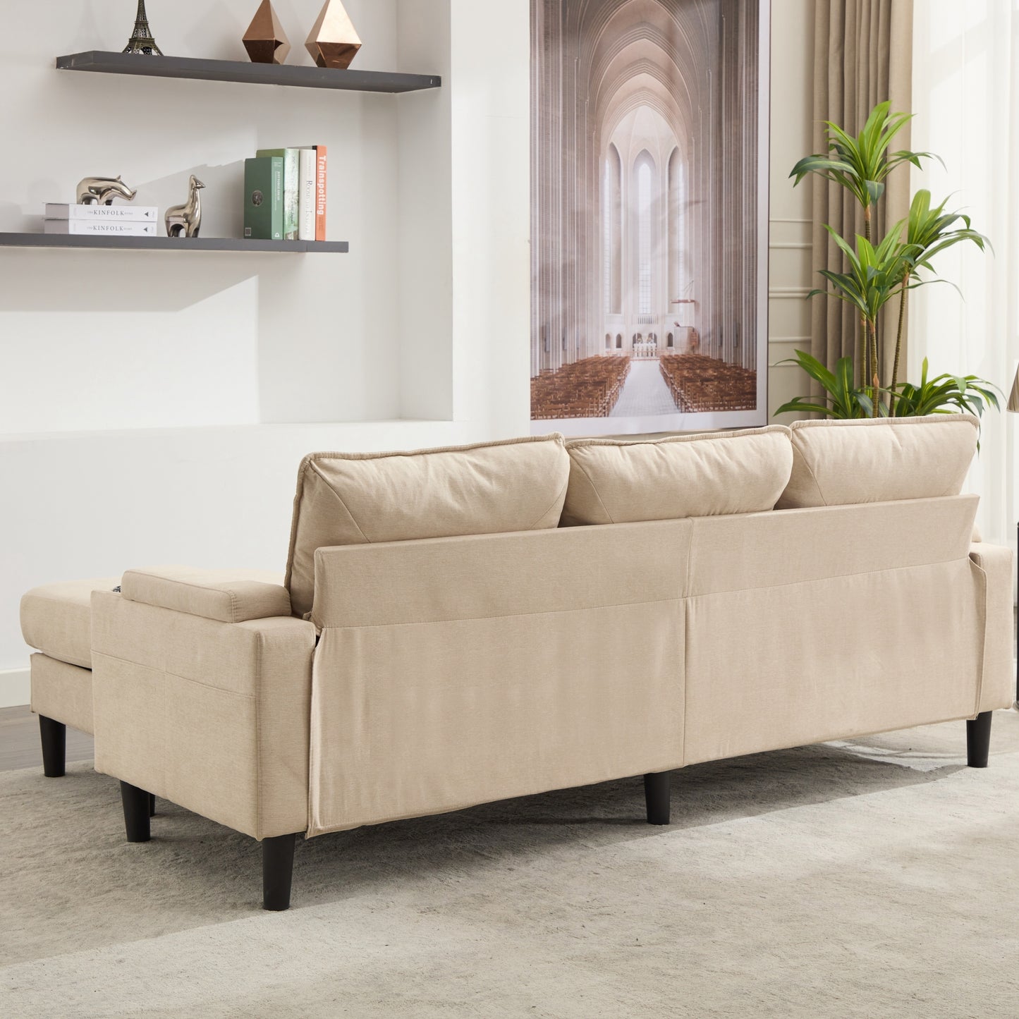 beige color knock down 3-seat combo sofa with storage ottoman