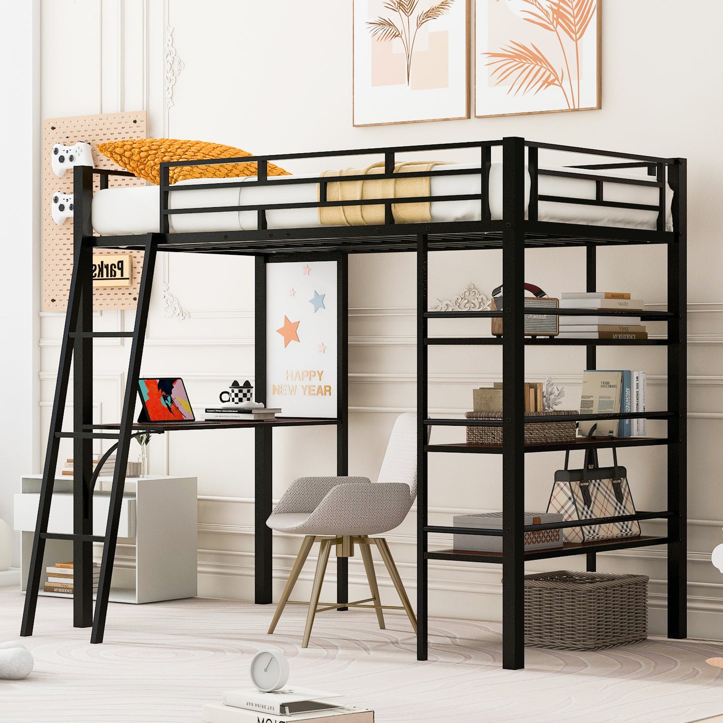 Twin Size Loft Metal Bed with 3 Layers of Shelves and Desk, Stylish Metal Frame Bed with Whiteboard, Black