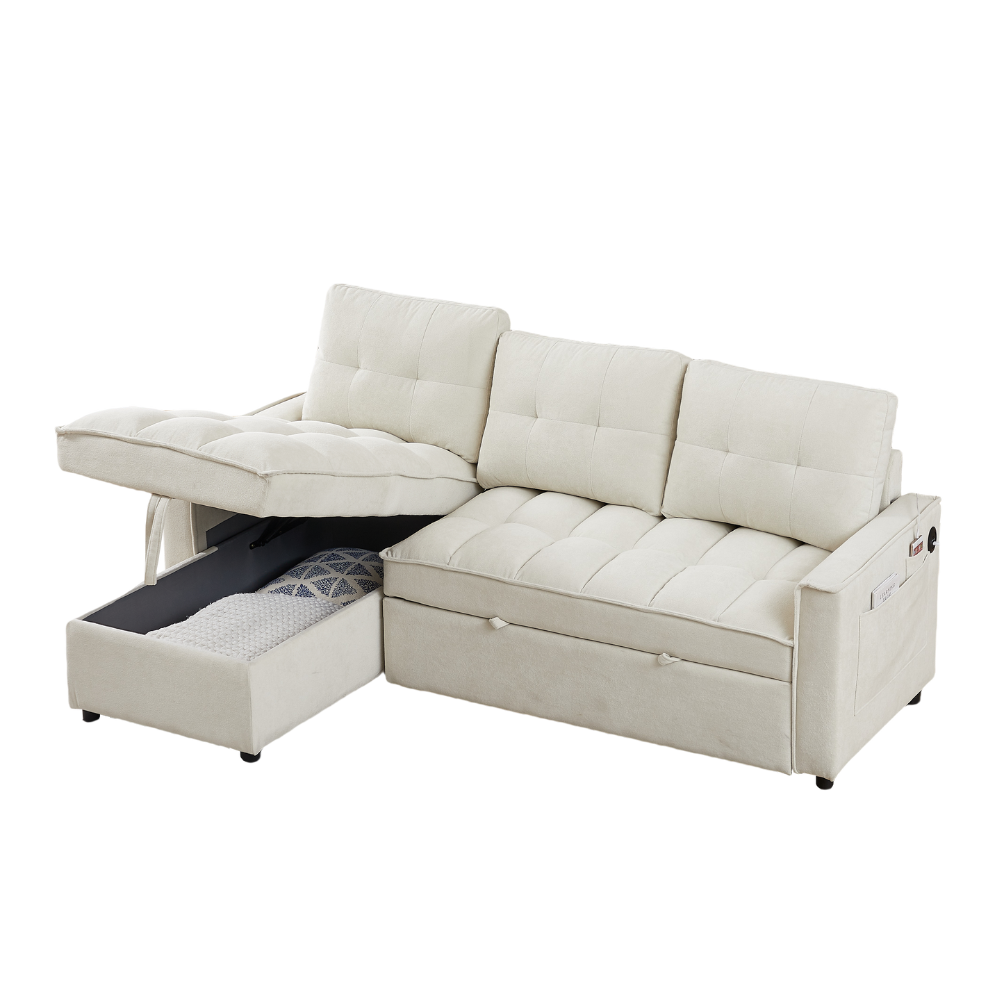 78.75" Reclining Sofa, Pull-Out Sofa Bed with USB and tape-c charging ports, L-Shaped Sectional Sofa with Reclining Storage and Arm Side Organizer Pocket Features