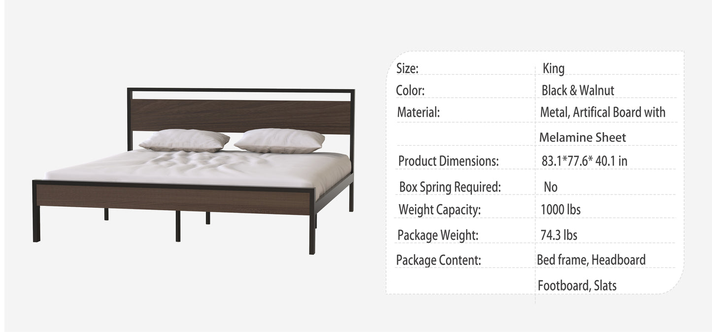 Metal Bed, Black with Walnut wood Headboard&Footboard, King