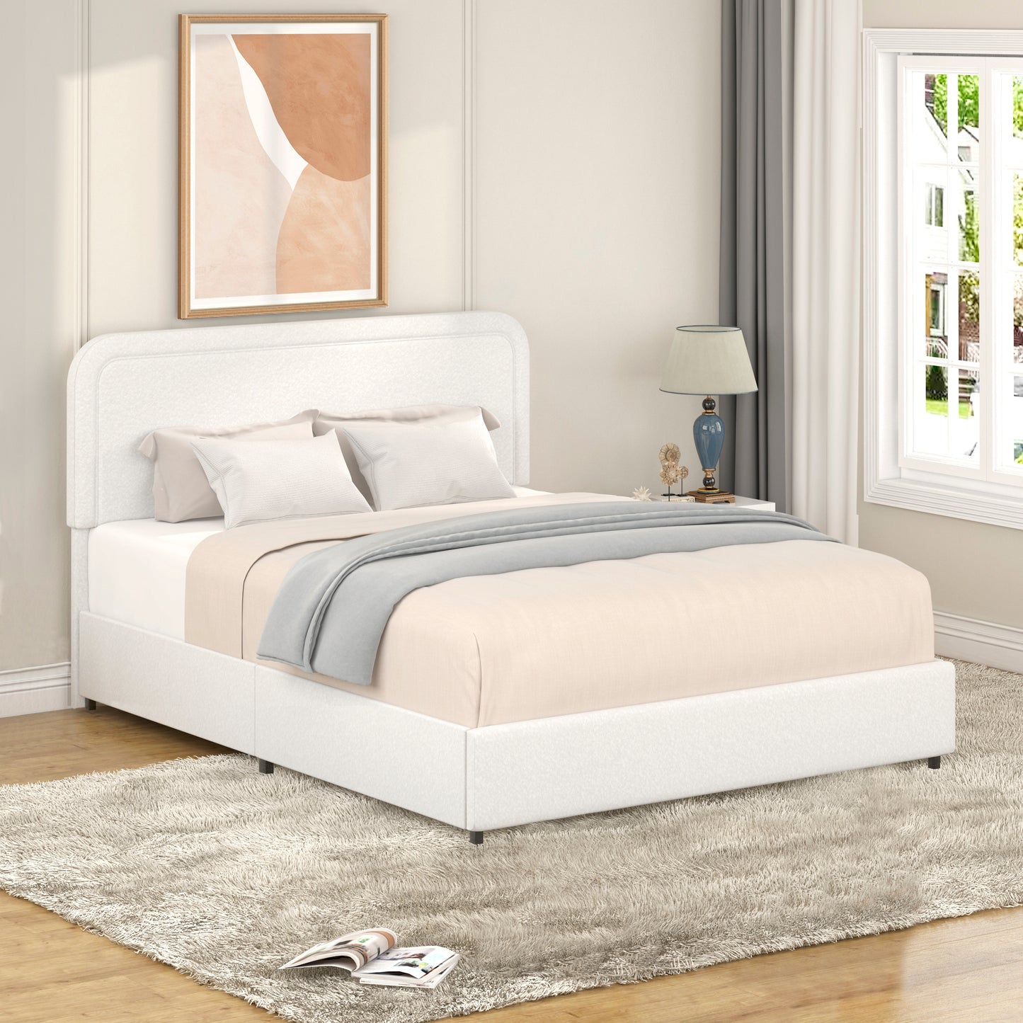 Same as B083119690 Liv Queen Size Ivory Boucle Upholstered Platform Bed with Patented 4 Drawers Storage, Curved Stitched Tufted Headboard, Wooden Slat Mattress Support, No Box Spring Needed