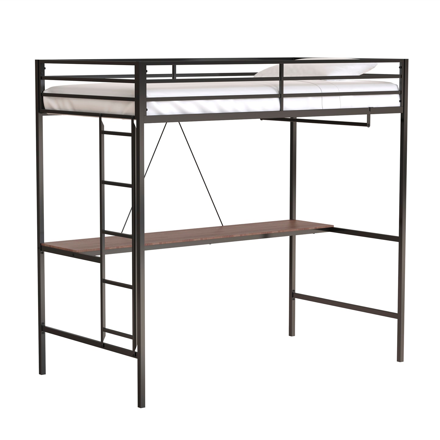 Twin Loft Bunk Black with Cinnamon Wood Desk and Closet Rod