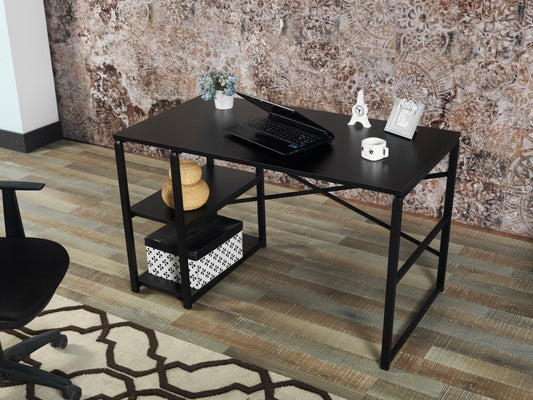 Black Metal Frame 47" Wooden Top 2 Shelves Writing and Computer Desk for Home Office, Black