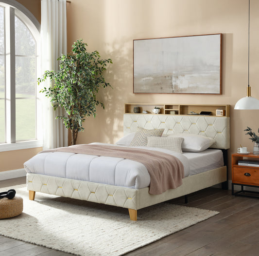 Queen Size Bed Frame, Shelf Upholstered Headboard, Platform Bed with Outlet & USB Ports Beige