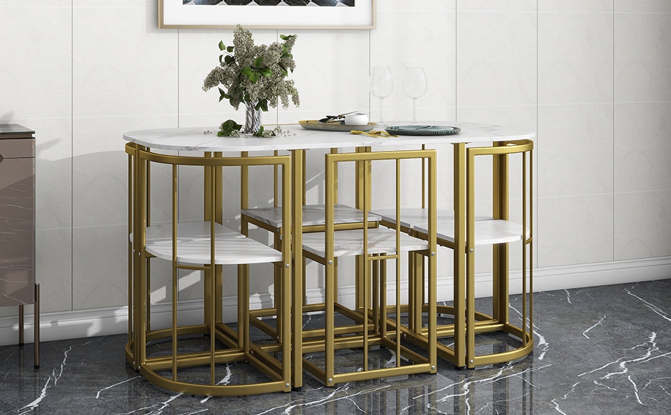 Modern 7-Piece Dining Table Set with Faux Marble Compact 55Inch Kitchen Table Set for 6, Golden+White