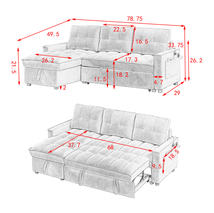 78.75" Reclining Sofa, Pull-Out Sofa Bed with USB and tape-c charging ports, L-Shaped Sectional Sofa with Reclining Storage and Arm Side Organizer Pocket Features