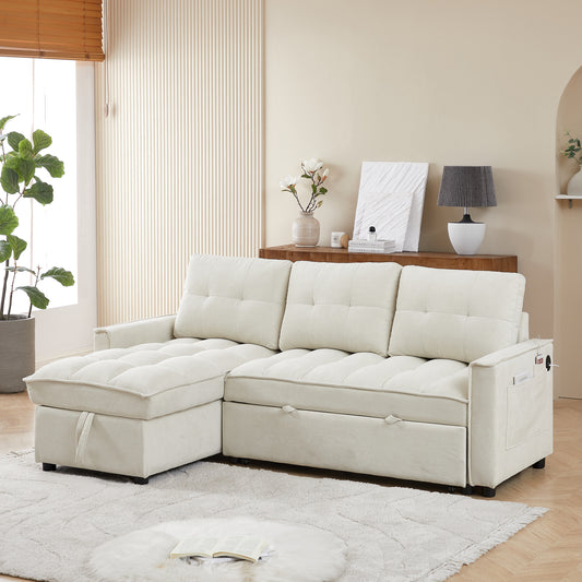 78.75" Reclining Sofa, Pull-Out Sofa Bed with USB and tape-c charging ports, L-Shaped Sectional Sofa with Reclining Storage and Arm Side Organizer Pocket Features