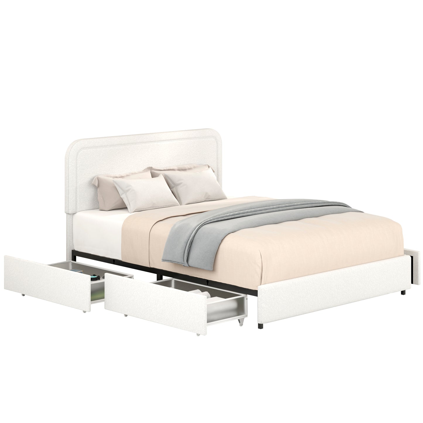 Same as B083119690 Liv Queen Size Ivory Boucle Upholstered Platform Bed with Patented 4 Drawers Storage, Curved Stitched Tufted Headboard, Wooden Slat Mattress Support, No Box Spring Needed