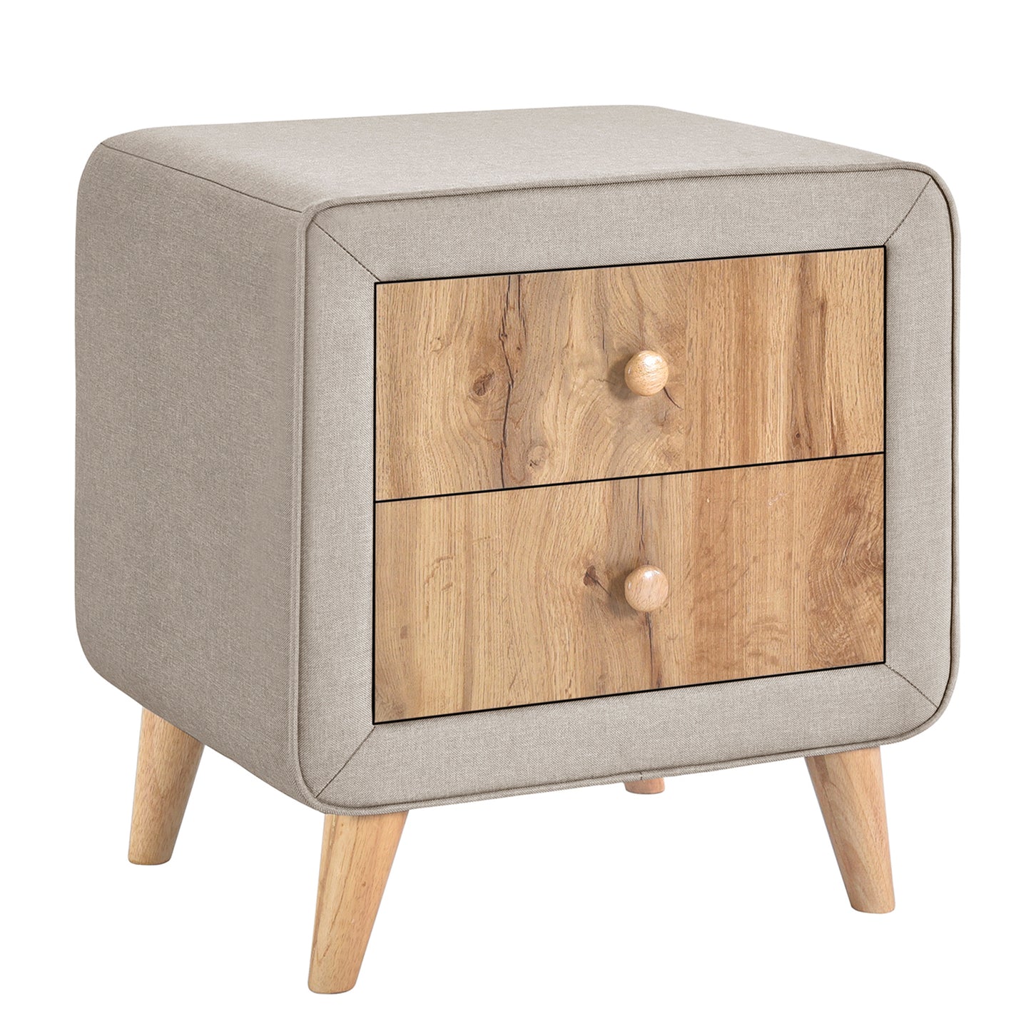 Upholstered Wooden Nightstand with 2 Drawers,Wood Leg-Beige