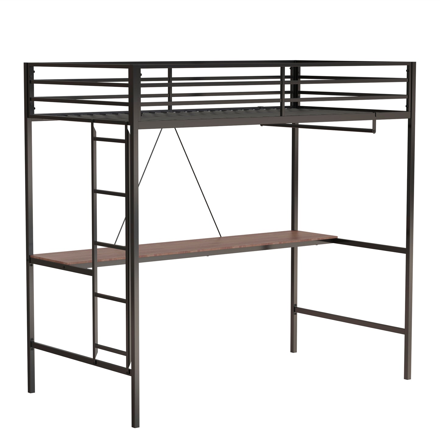 Twin Loft Bunk Black with Cinnamon Wood Desk and Closet Rod