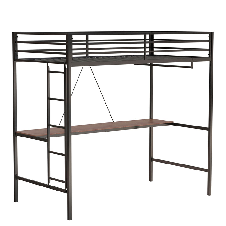 Twin Loft Bunk Black with Cinnamon Wood Desk and Closet Rod