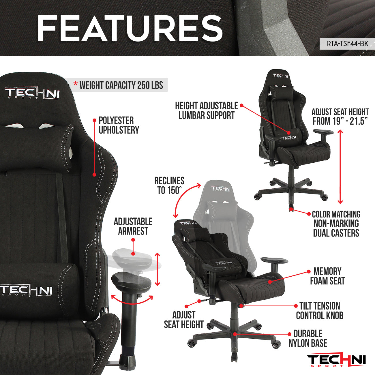 Sport TS-F44 Fabric Ergonomic High Back Racer Style PC Gaming Chair, Black