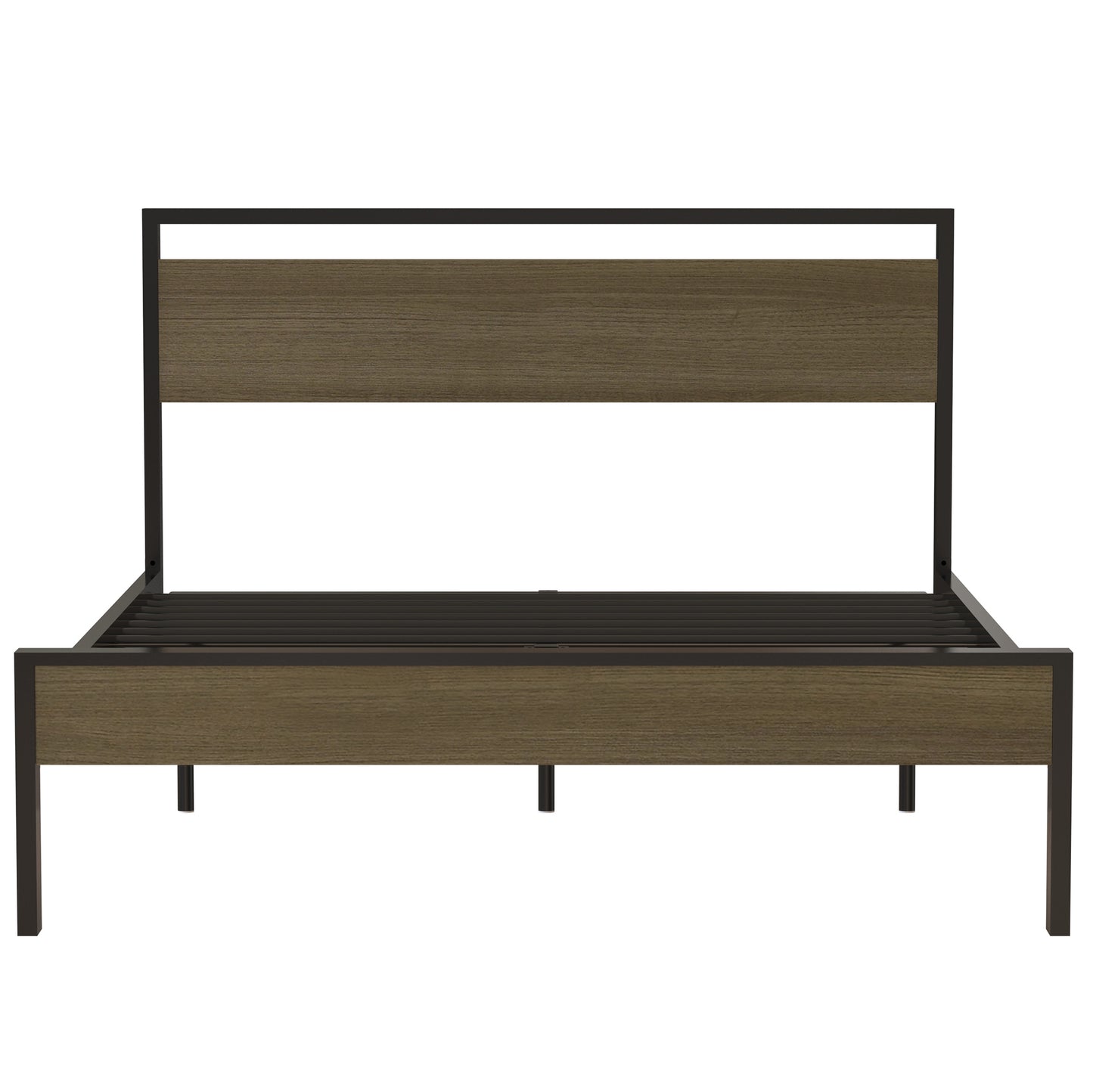 Metal Bed, Black with Cinnamon Wood Headboard & Footboard, Queen