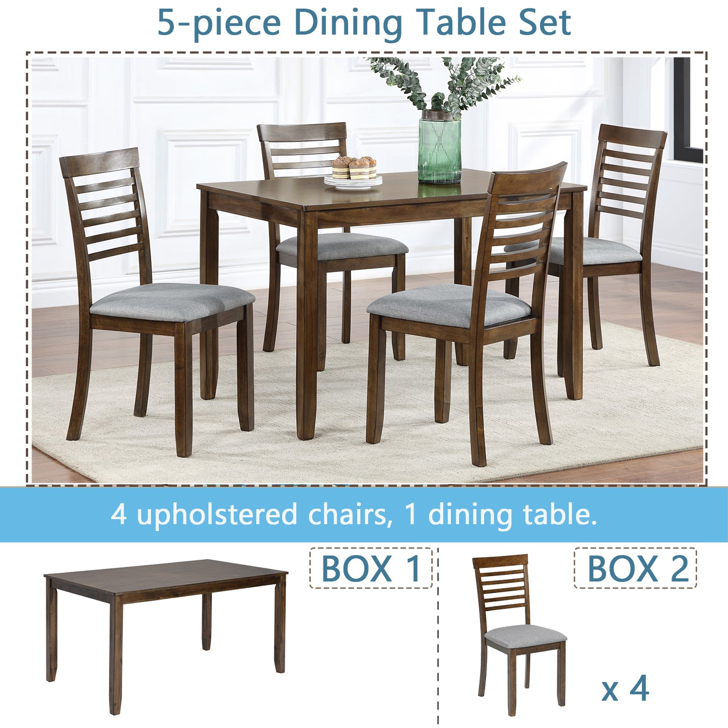 5 Piece Modern Dining Set, Rectangular Wooden Dining Table with 4 Upholstered Chairs for Kitchen, Dining Room, Walnut