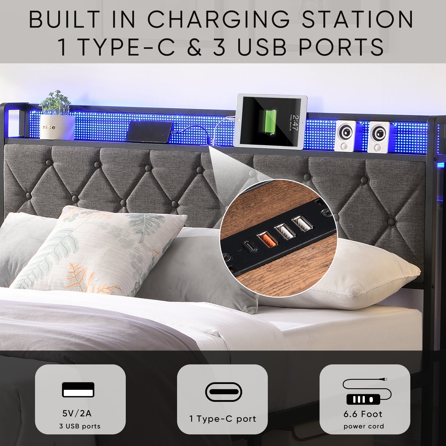 Queen Bed Frame with Storage Headboard, Charging Station and LED Lights, Dark Gray