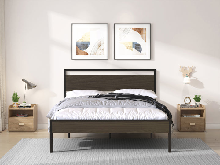Metal Bed, Black with Walnut Wood Headboard&Footboard, Queen