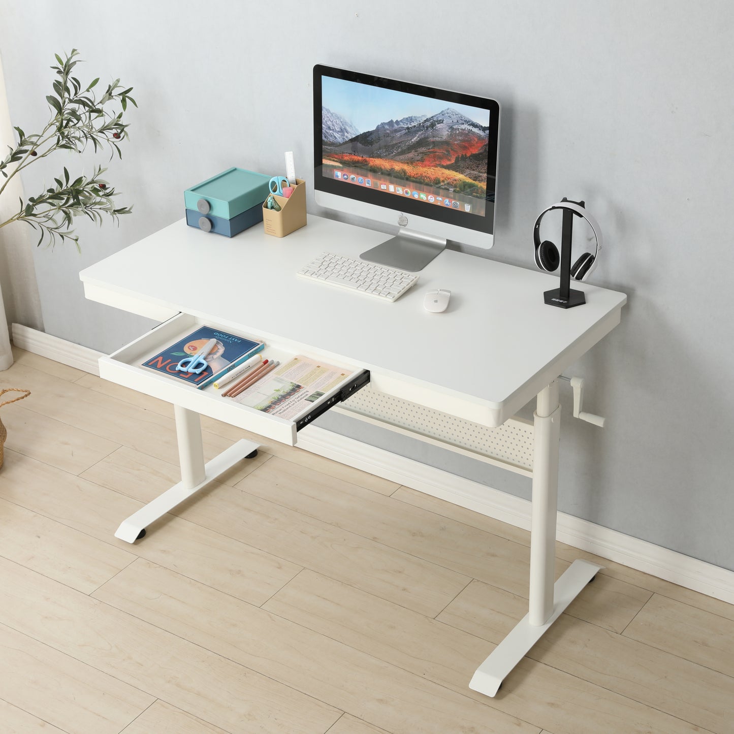 (White Tabletop) 48 x 24 InchesStanding Desk with Metal Drawer  , Adjustable Height