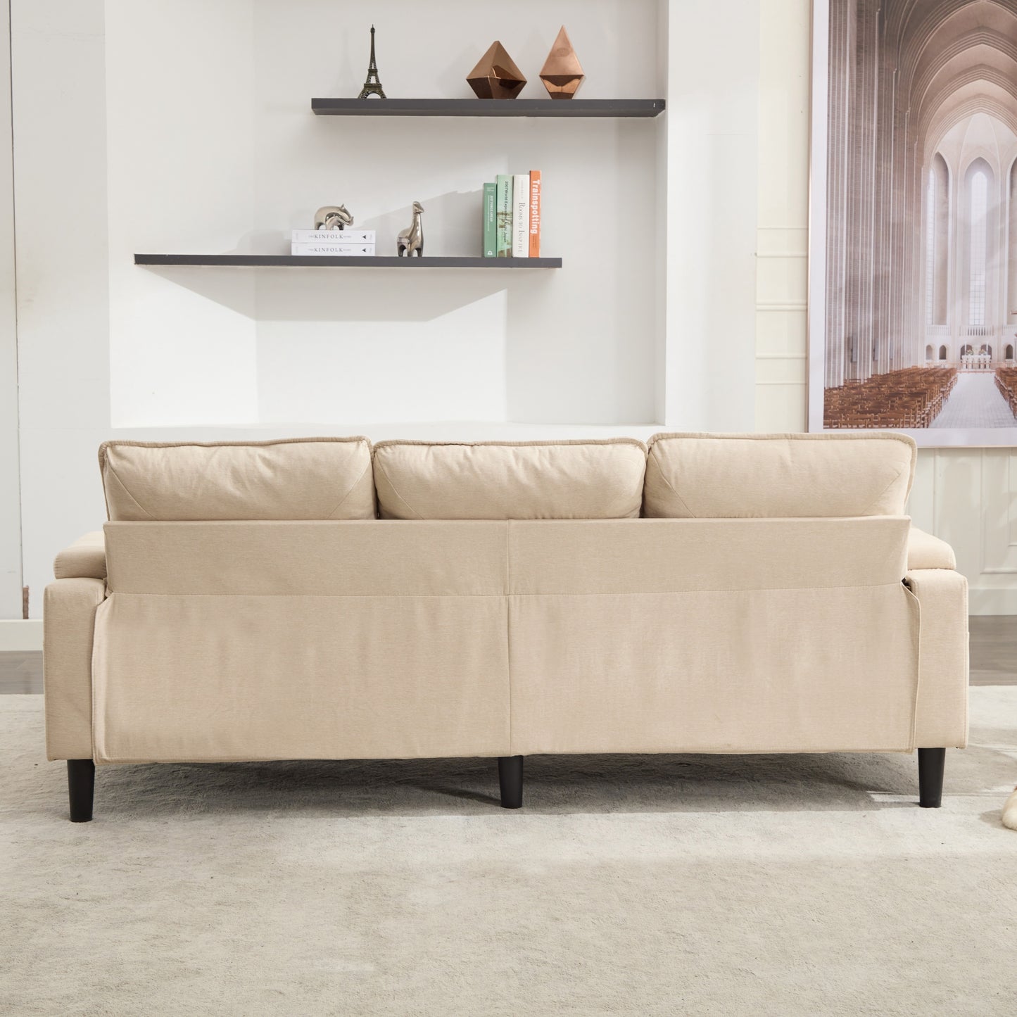 beige color knock down 3-seat combo sofa with storage ottoman