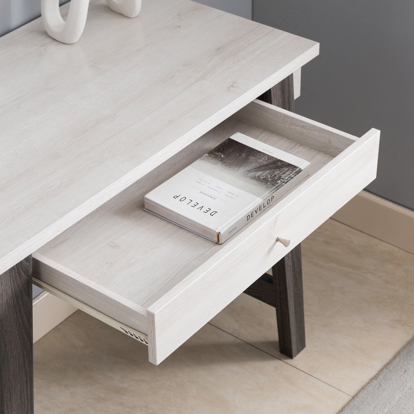 Writing Desk, Home Office Desk with Drawer- White & Distressed Grey